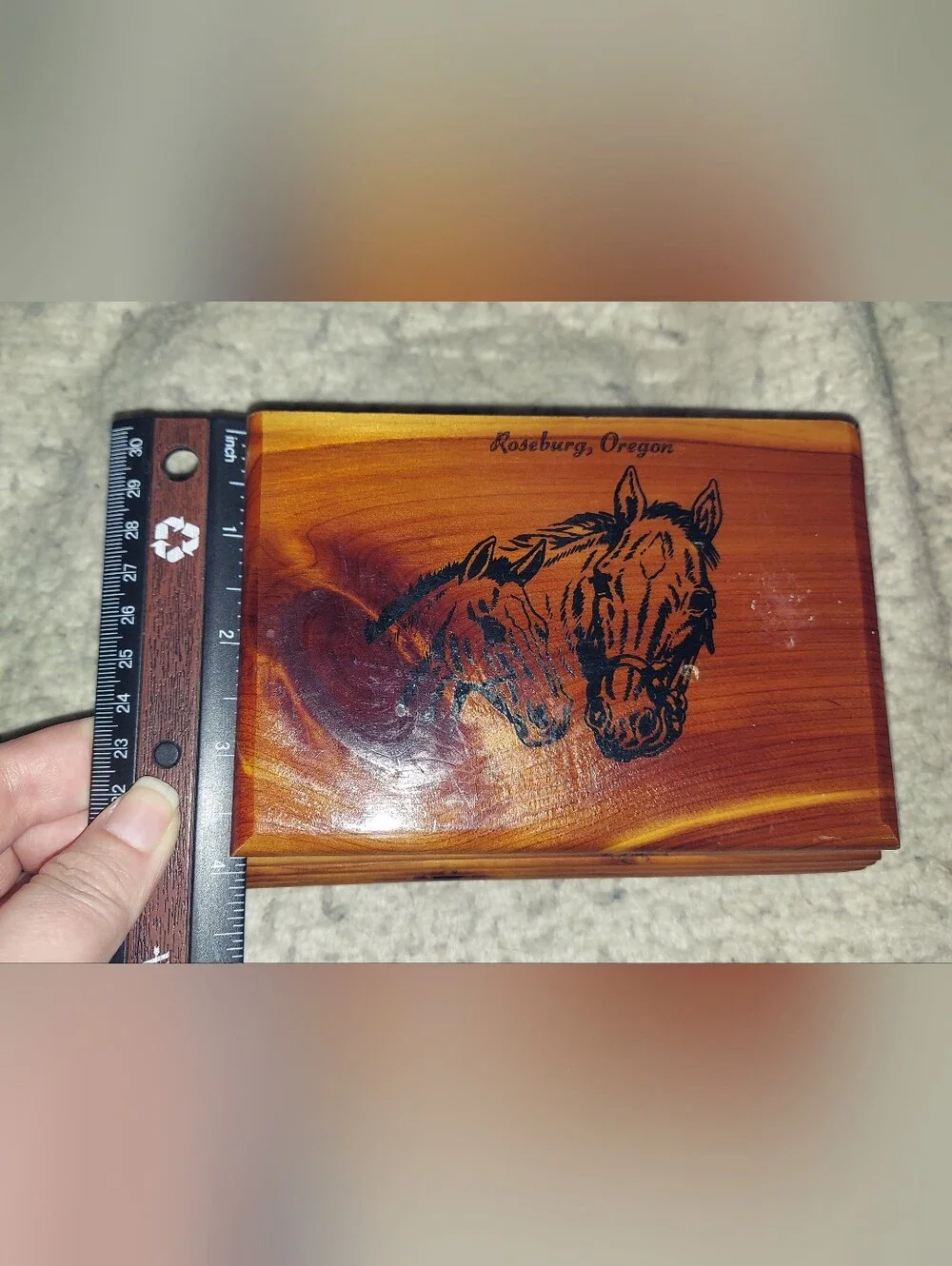 Roseburg, Oregon Cedar Keepsake Box with Horse Artwork - Brown